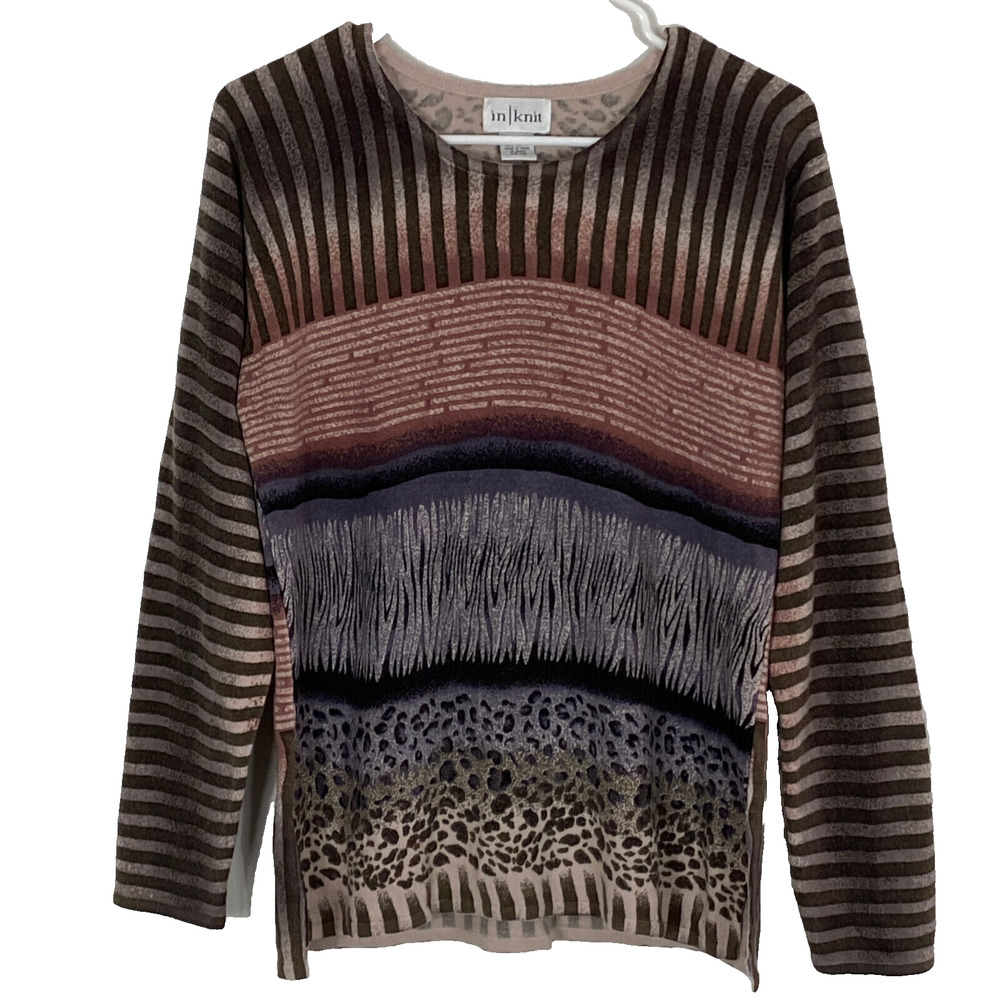 IN KNIT Shirt Womens Large Animal Print Knit Stretch Long Sleeve Side Slits